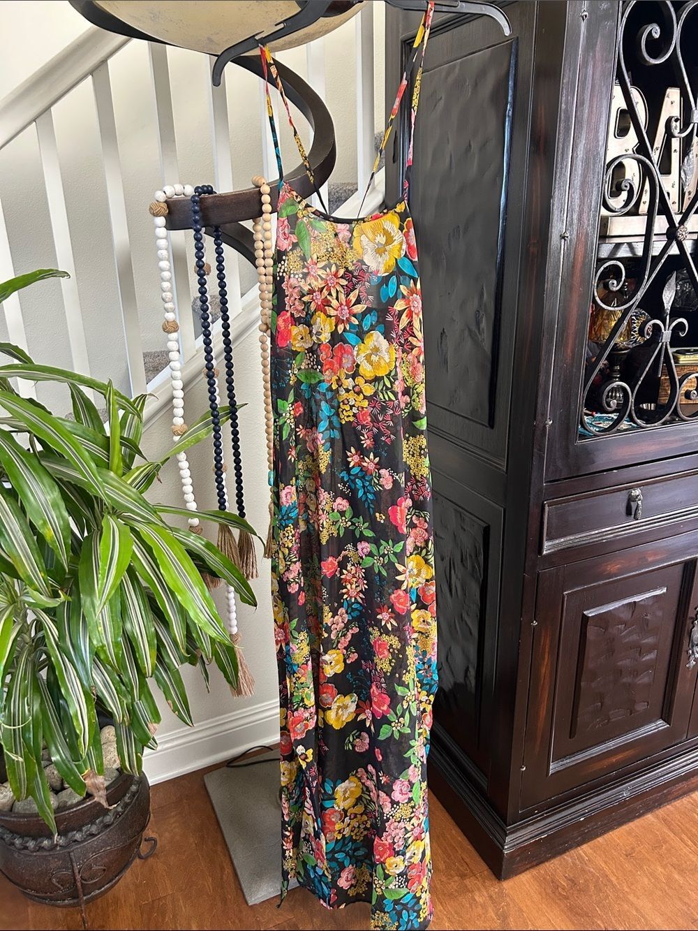 Johnny Was Black Floral Back-Tie Maxi Dress with Multicolor Blooms